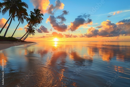 Sunset over a tropical beach with palm trees: Stunning orange sunset reflecting on the calm waters of a tropical beach, surrounded by lush palm trees, blue sky