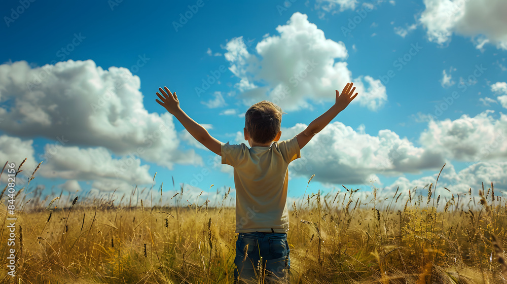 A young boy standing in the middle of an endless field. with his arms raised up towards the sky as if he is waving goodbye to someone who has ging away on plane A young boy standing in the middle of an endless field. with his arms raised up towards the sky as if he is waving goodbye to someone who has ging away on plane