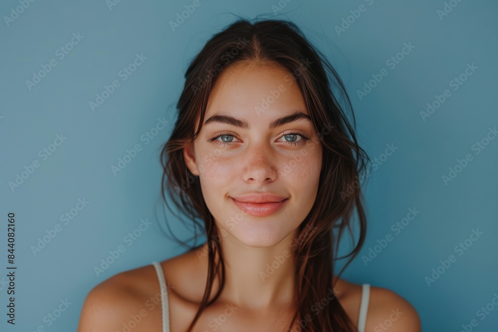 A close up portrait of a young woman with a subtle smile A close up portrait of a young woman with a subtle smile