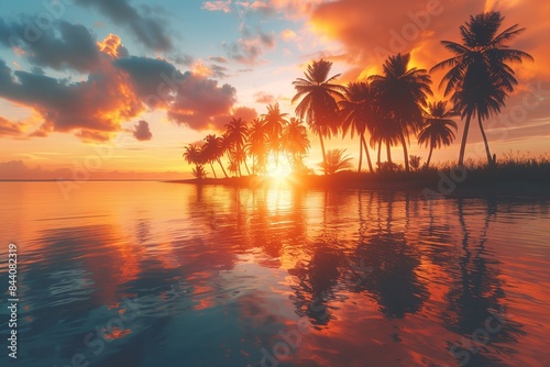 Sunset over a tropical beach with palm trees: Stunning orange sunset reflecting on the calm waters of a tropical beach, surrounded by lush palm trees.