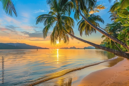 Sunset over a tropical beach with palm trees  Stunning orange sunset reflecting on the calm waters of a tropical beach  surrounded by lush palm trees  blue sky