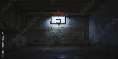 Basketball hoop in dimly lit abandoned gym