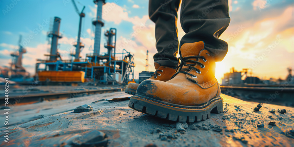 Construction worker boots on gravel at industrial site Construction worker boots on gravel at industrial site