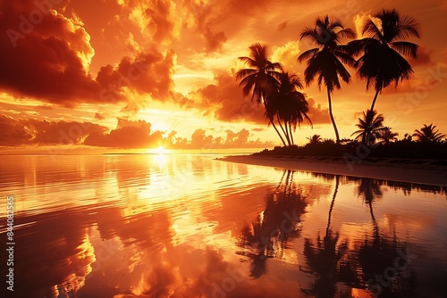 Sunset over a tropical beach with palm trees: Stunning orange sunset reflecting on the calm waters of a tropical beach, surrounded by lush palm trees.