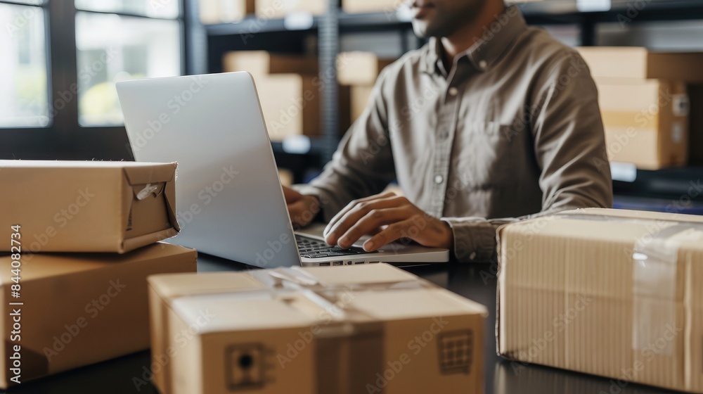 Entrepreneur working on a laptop with a website for online selling, surrounded by shipping boxes Entrepreneur working on a laptop with a website for online selling, surrounded by shipping boxes