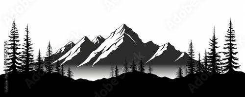 Black silhouette of mountains and fir trees camping landscape panorama illustration icon for logo, isolated on white background, Generative AI