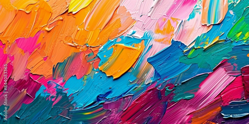 Closeup of abstract rough colorful colors painting texture, with oil brushstroke, pallet knife paint on canvas - Art background illustration, Generative AI