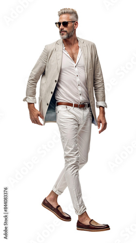 Isolated walking handsome young man wearing beige linen jacket, png,cutout on transparent background, ready for architectural visualisation