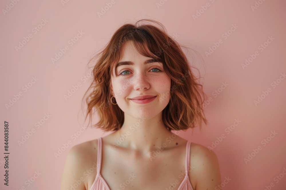 A close up portrait of a young woman with a subtle smile A close up portrait of a young woman with a subtle smile
