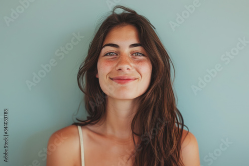 Obraz na płótnie A close up portrait of a young woman with a subtle smile w salonie