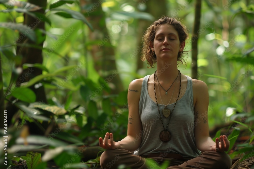 Young woman meditating in a forest: A young woman sitting in lotus position, peacefully meditating in a dense and verdant forest. Young woman meditating in a forest: A young woman sitting in lotus position, peacefully meditating in a dense and verdant forest.