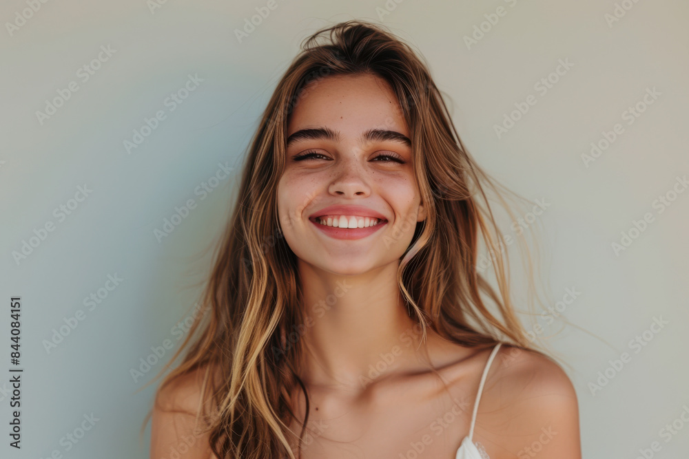A close up portrait of a young woman with a subtle smile A close up portrait of a young woman with a subtle smile