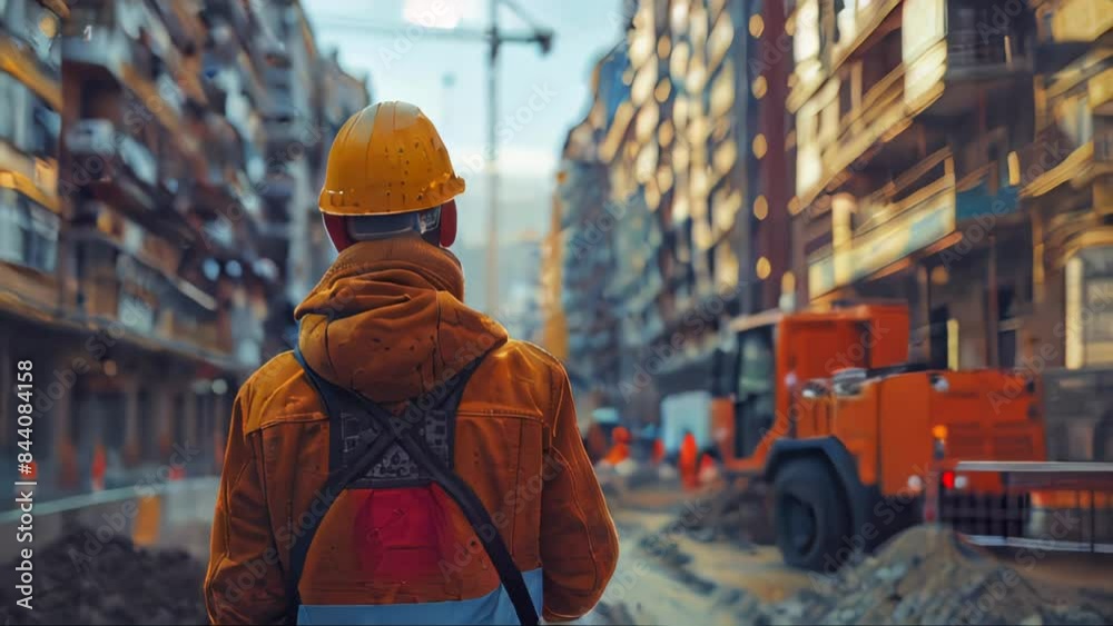 Rear view of senior engineer wearing safety helmet and reflective vest at construction site Rear view of senior engineer wearing safety helmet and reflective vest at construction site