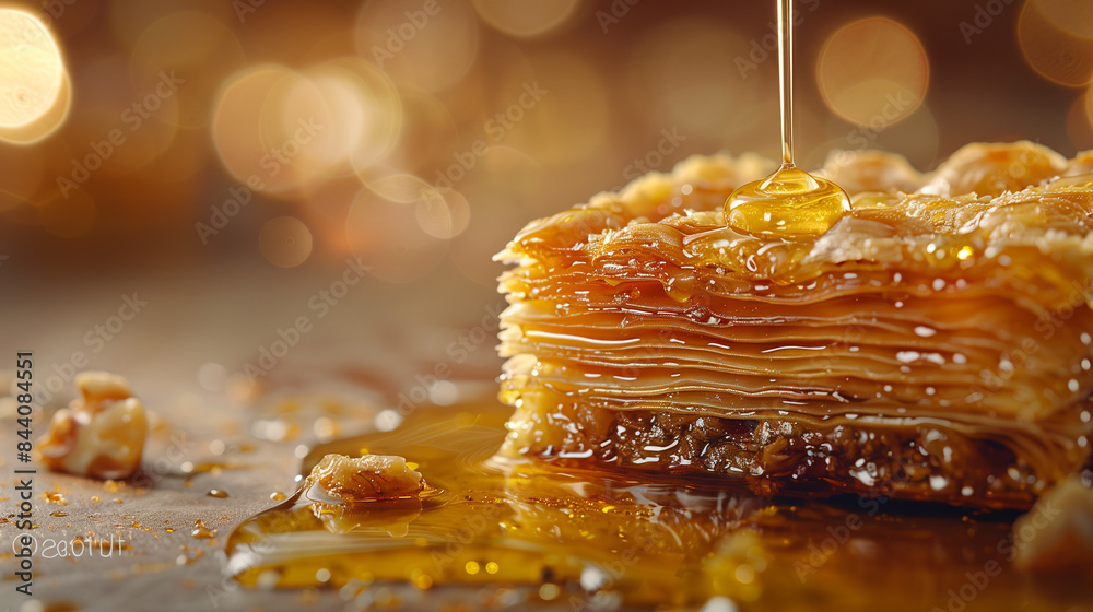 Drizzling Honey Over A Piece Of Baklava Dessert Drizzling Honey Over A Piece Of Baklava Dessert