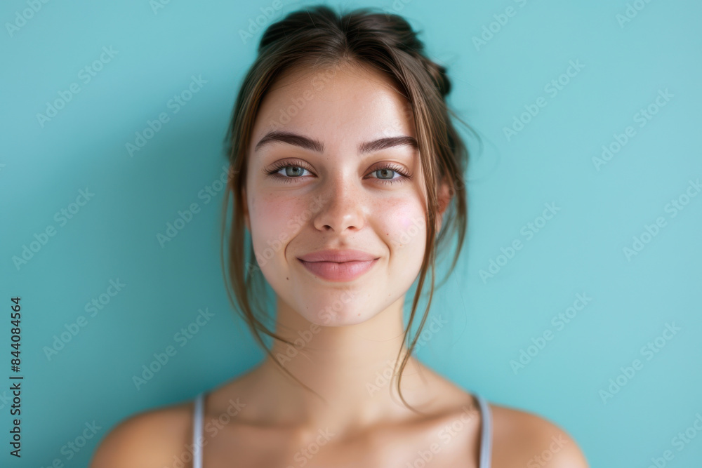A close up portrait of a young woman with a subtle smile A close up portrait of a young woman with a subtle smile