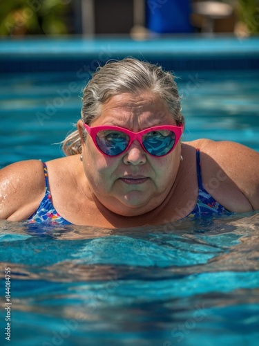 A woman with gray hair, wearing pink sunglasses, swims in a blue pool on a sunny day © Constantine Art
