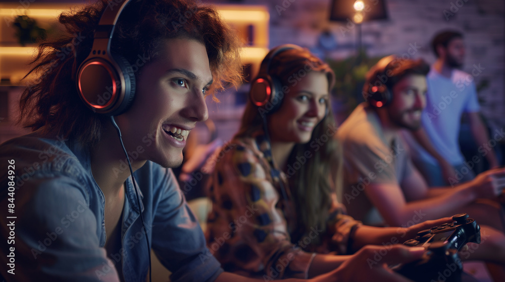 Friends playing an online multiplayer game, their avatars in the foreground with their real-life reactions in the background Friends playing an online multiplayer game, their avatars in the foreground with their real-life reactions in the background