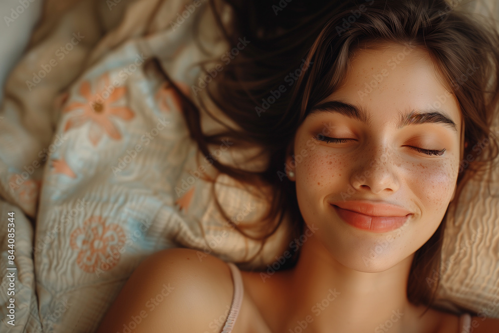 Naklejka premium Good Morning Smile From Bed With Eyes Closed
