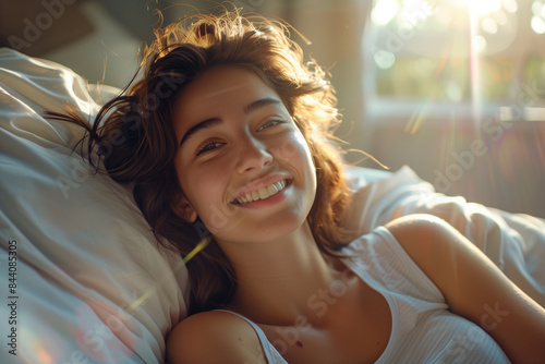 Woman Waking Up In Bed With Sunshine Streaming Through Window