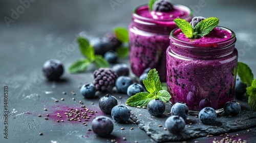 Vibrant purple berry smoothie with fresh berries and chia seeds, garnished with mint leaves