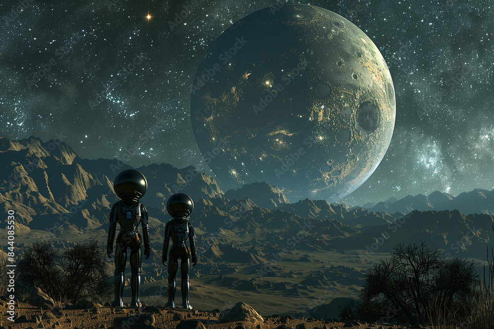 Two Astronauts Observe a Large, Green Planet in a Starry Night Sky Two Astronauts Observe a Large, Green Planet in a Starry Night Sky