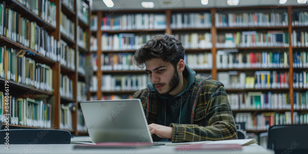 Focused student using laptop in library Focused student using laptop in library