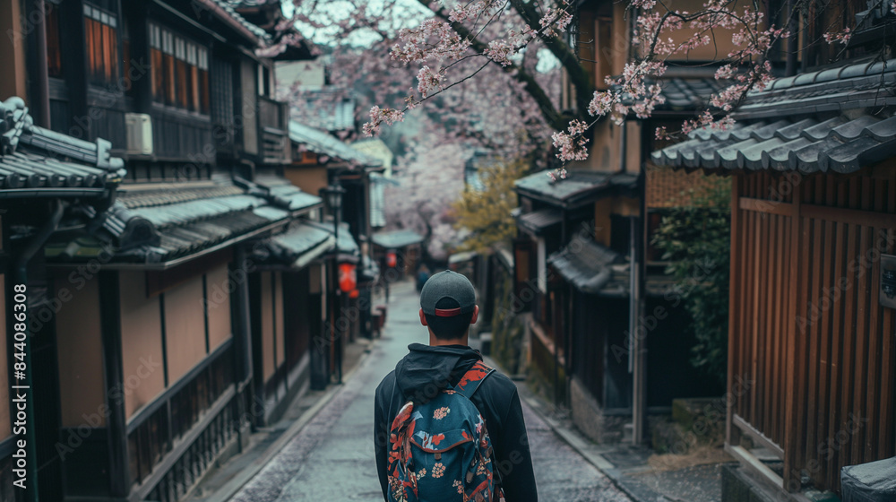 A solo traveler exploring the ancient streets of Kyoto, Japan, with traditional wooden houses, serene gardens, and cherry blossom trees in full bloom A solo traveler exploring the ancient streets of Kyoto, Japan, with traditional wooden houses, serene gardens, and cherry blossom trees in full bloom