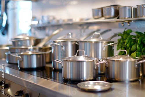 Stainless Steel Pots and Pans in a Kitchen