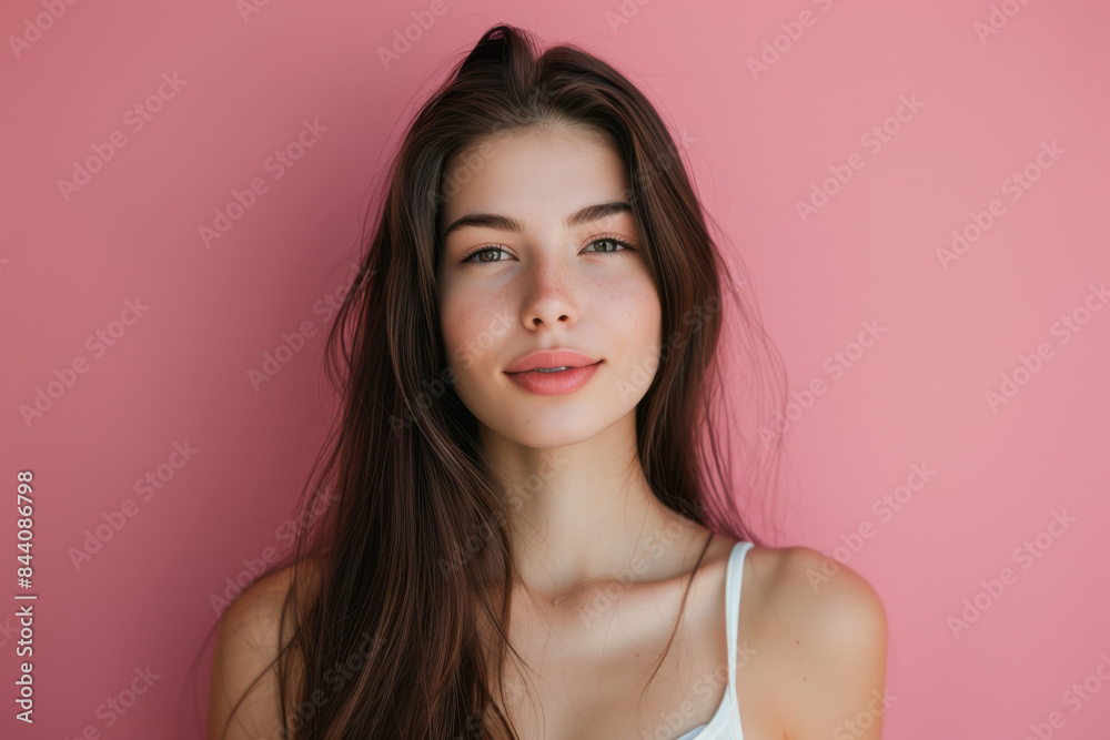 A close up portrait of a young woman with a subtle smile A close up portrait of a young woman with a subtle smile