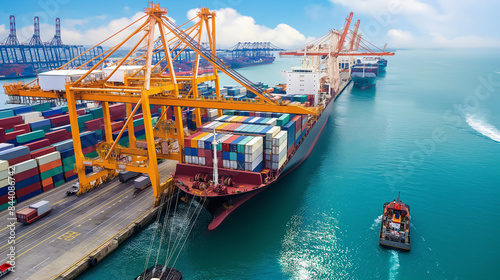 A busy port with cranes loading and unloading containers from massive cargo ships