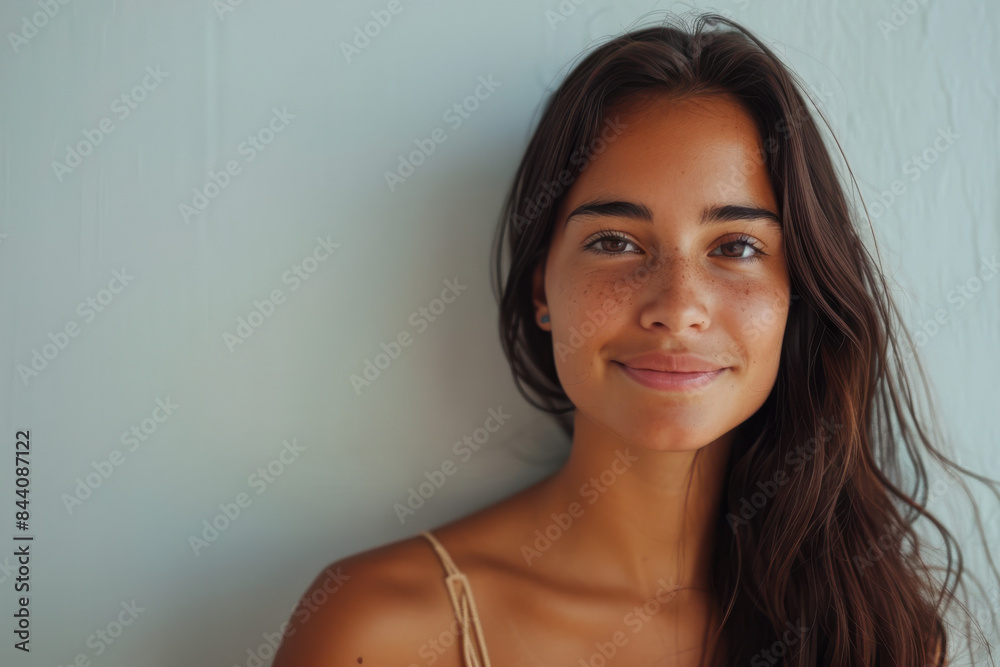 A close up portrait of a young woman with a subtle smile A close up portrait of a young woman with a subtle smile
