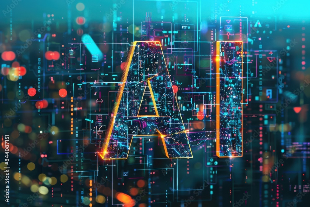 The word AI with a futuristic cityscape background The word AI with a futuristic cityscape background