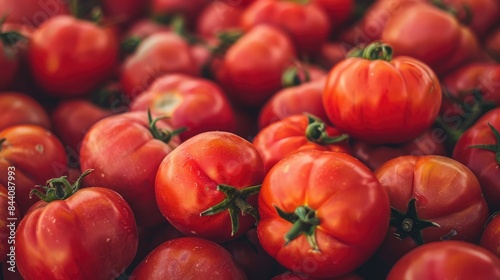 Pile of tomatoes at a farmers market  creating a rustic and vibrant background