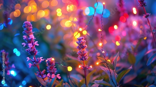 Blurred garden background with colorful fairy lights in summer © sania