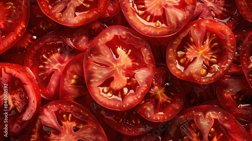 Top view of sliced tomatoes  displaying their juicy interiors and seeds