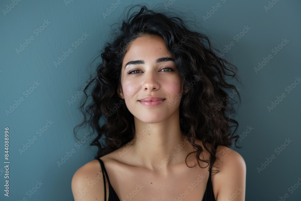 A close up portrait of a young woman with a subtle smile A close up portrait of a young woman with a subtle smile