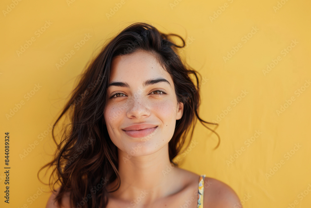 A close up portrait of a young woman with a subtle smile A close up portrait of a young woman with a subtle smile