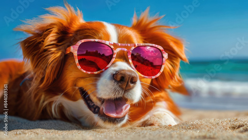 Funny dog wearing sunglasses on a summer beach.