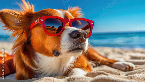 Funny dog wearing sunglasses on a summer beach. © pictures_for_you
