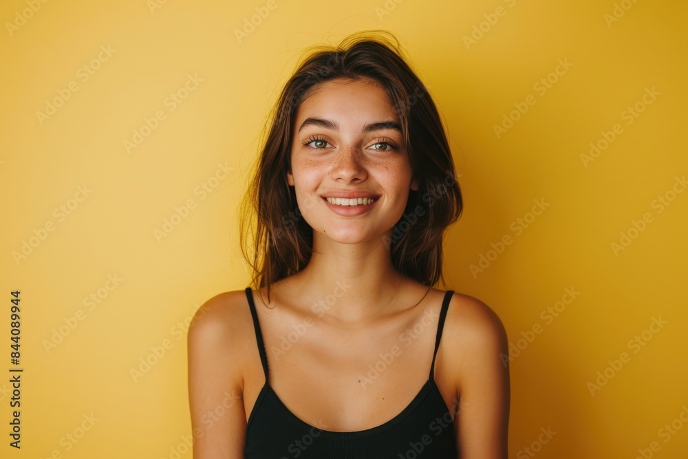 A close up portrait of a young woman with a subtle smile A close up portrait of a young woman with a subtle smile