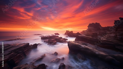 Long exposure seascape panorama of rocks and sea at sunset