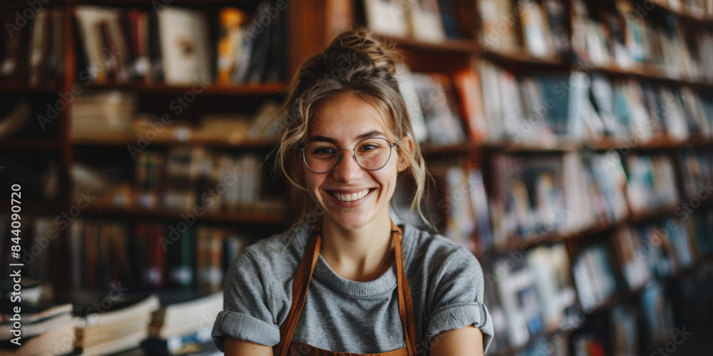 Fototapeta premium Smiling female librarian in bright library