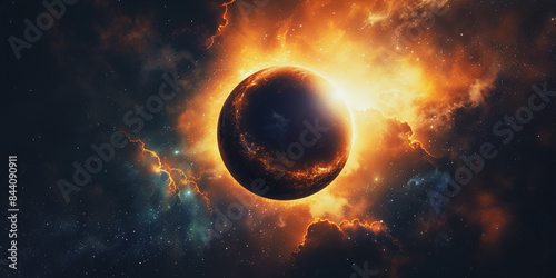 Fiery solar eclipse in outer space