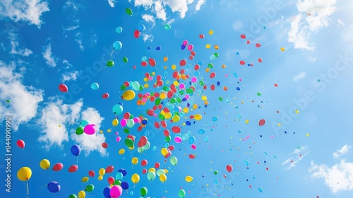 Colorful balloons flying in the blue sky photo