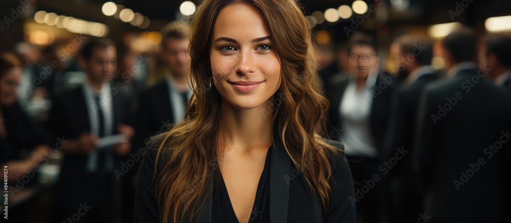 Portrait of beautiful female business manager standing in front of business team Portrait of beautiful female business manager standing in front of business team
