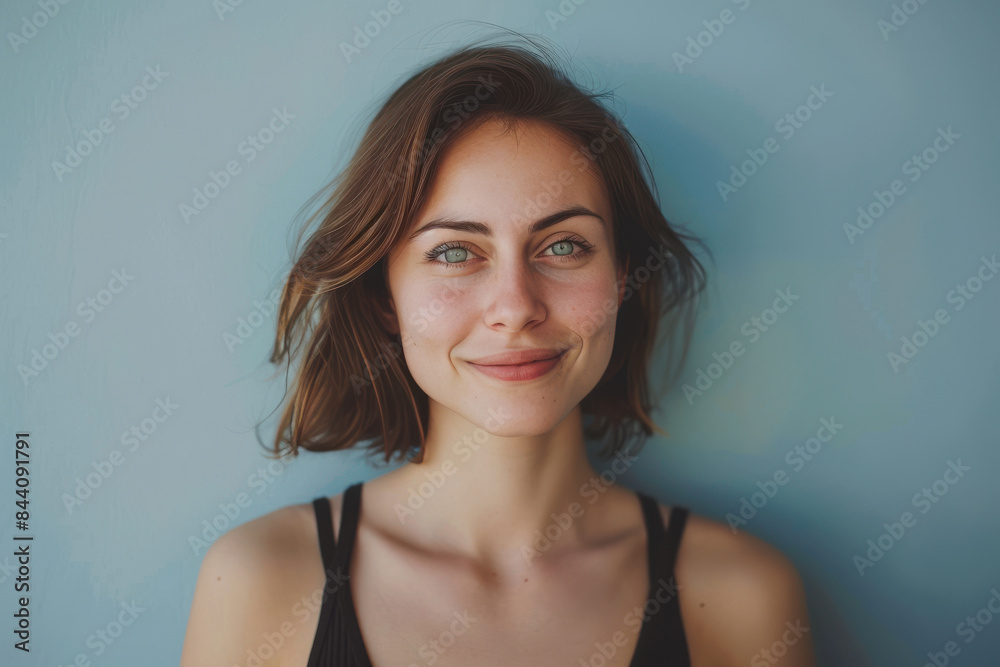 A close up portrait of a young woman with a subtle smile A close up portrait of a young woman with a subtle smile