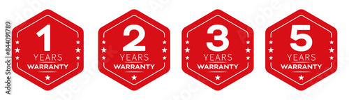 1, 2, 3 and 5 years warranty in hexagon in red color vector product quality sticker. Warranty sticker set in hexagon unique style.