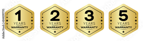 1, 2, 3 and 5 years warranty in hexagon in golden color vector product quality sticker. Warranty sticker set in hexagon unique style. photo