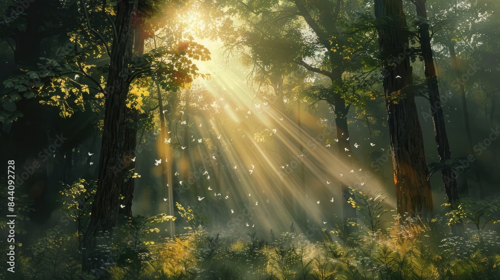 Obraz premium Spectacular sun rays shining through woods and tree in the dense forest. Green and lust forest on a beautiful summer day