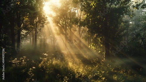 Spectacular sun rays shining through woods and tree in the dense forest. Green and lust forest on a beautiful summer day